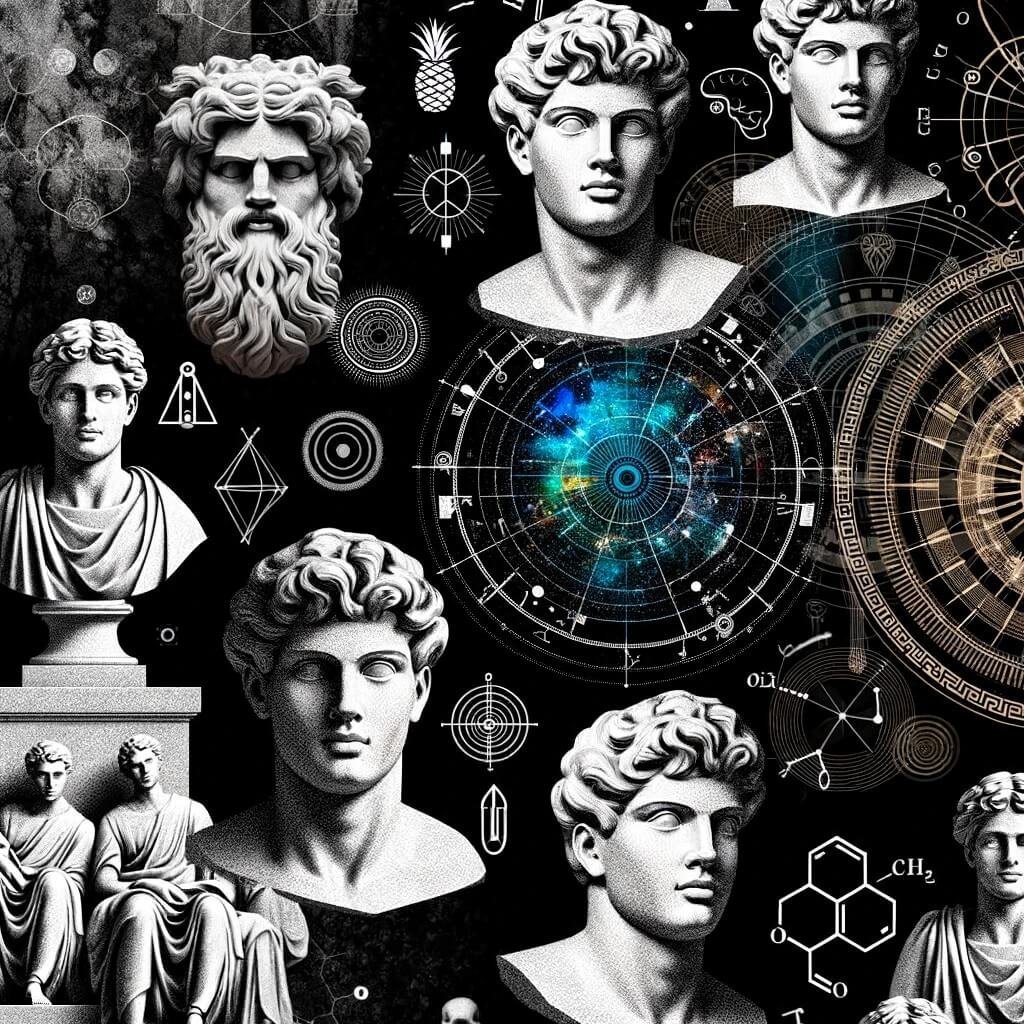 Statues from classical antiquity alongside modern scientific and geometric symbols representing HyperXFit's tailored one-on-one training.